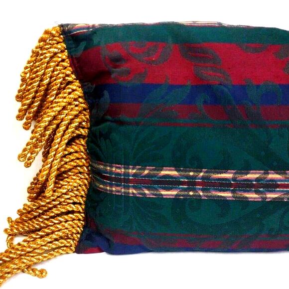Vintage Rectangle Tapestry Pillow Heavy Gold Fringed Edge Scrolls and Stripes - Picture 3 of 8